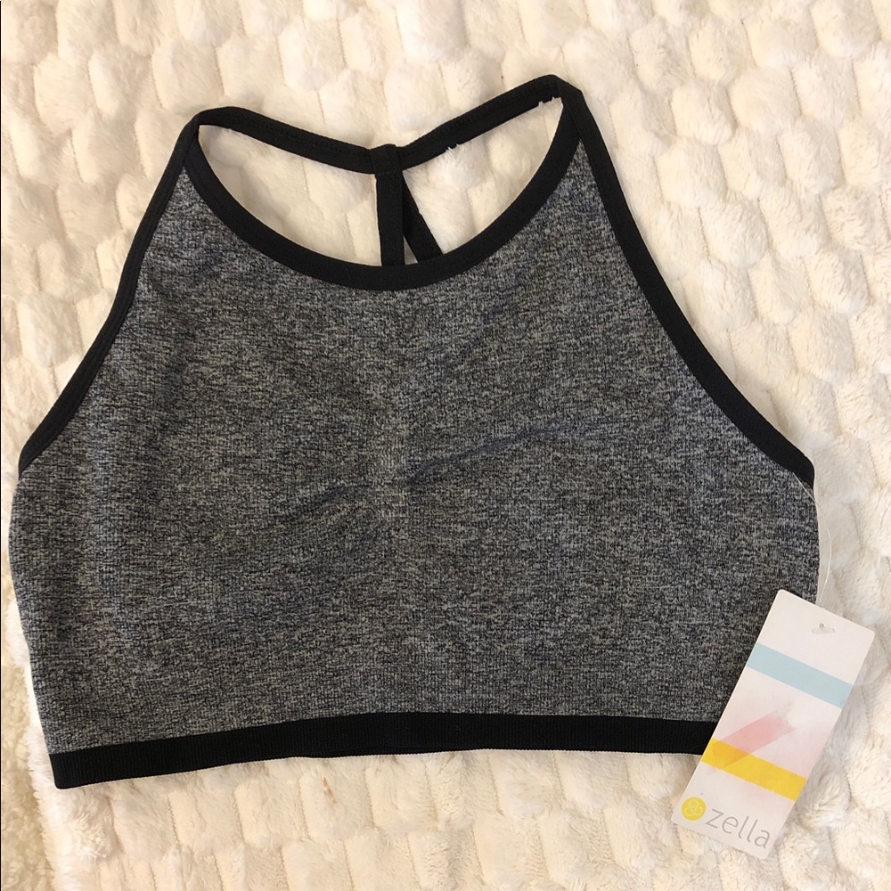 Zella Grey High-Neck Racerback Sports Bralette with Black Trim